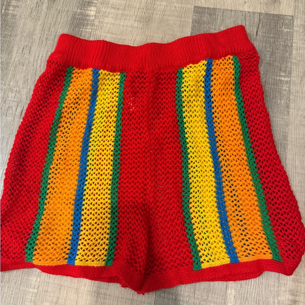 Colorful Crochet Mesh Shorts – Red Striped Festival/Beach Cover-up – Size M